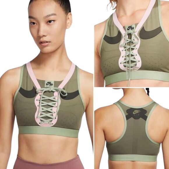 Nike Swoosh AF1 Air Force 1 Olive Green Pink Lace Up Sports Bra Sz S NWOT - Picture 1 of 16